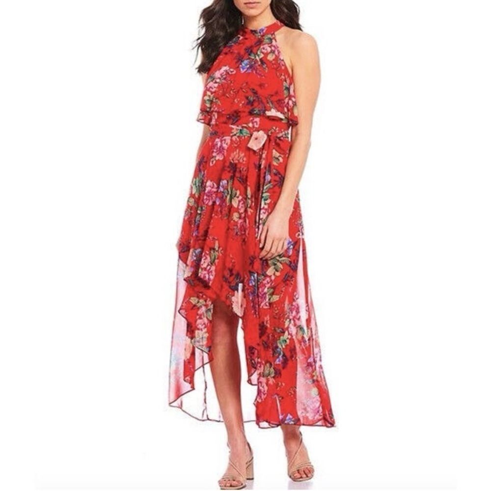 NEW ELIZA J Red Boho Floral Print Halter Popover Chiffon High Low Maxi Dress Sz8